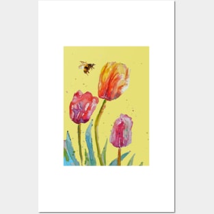 Tulip Flower Watercolor Painting and Bee on Yellow Posters and Art